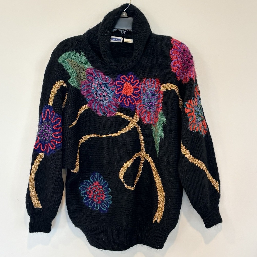 VTG 90s Mariea Kim Floral Sweater Black Beaded Metallic Cowl Neck Womens M